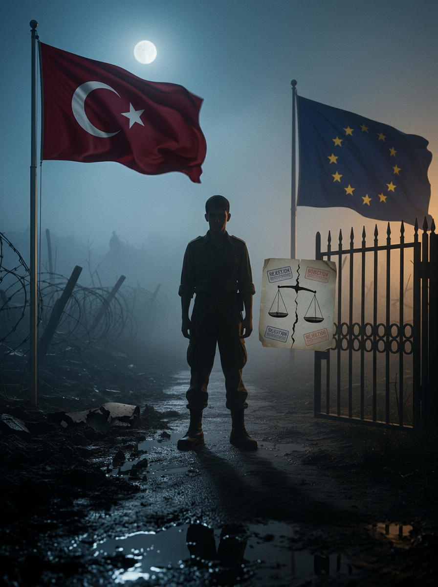 Dikenli telli savaş alanı ile ret damgalı kapalı AB kapısı arasında yarı askeri kıyafetli genç bir adam