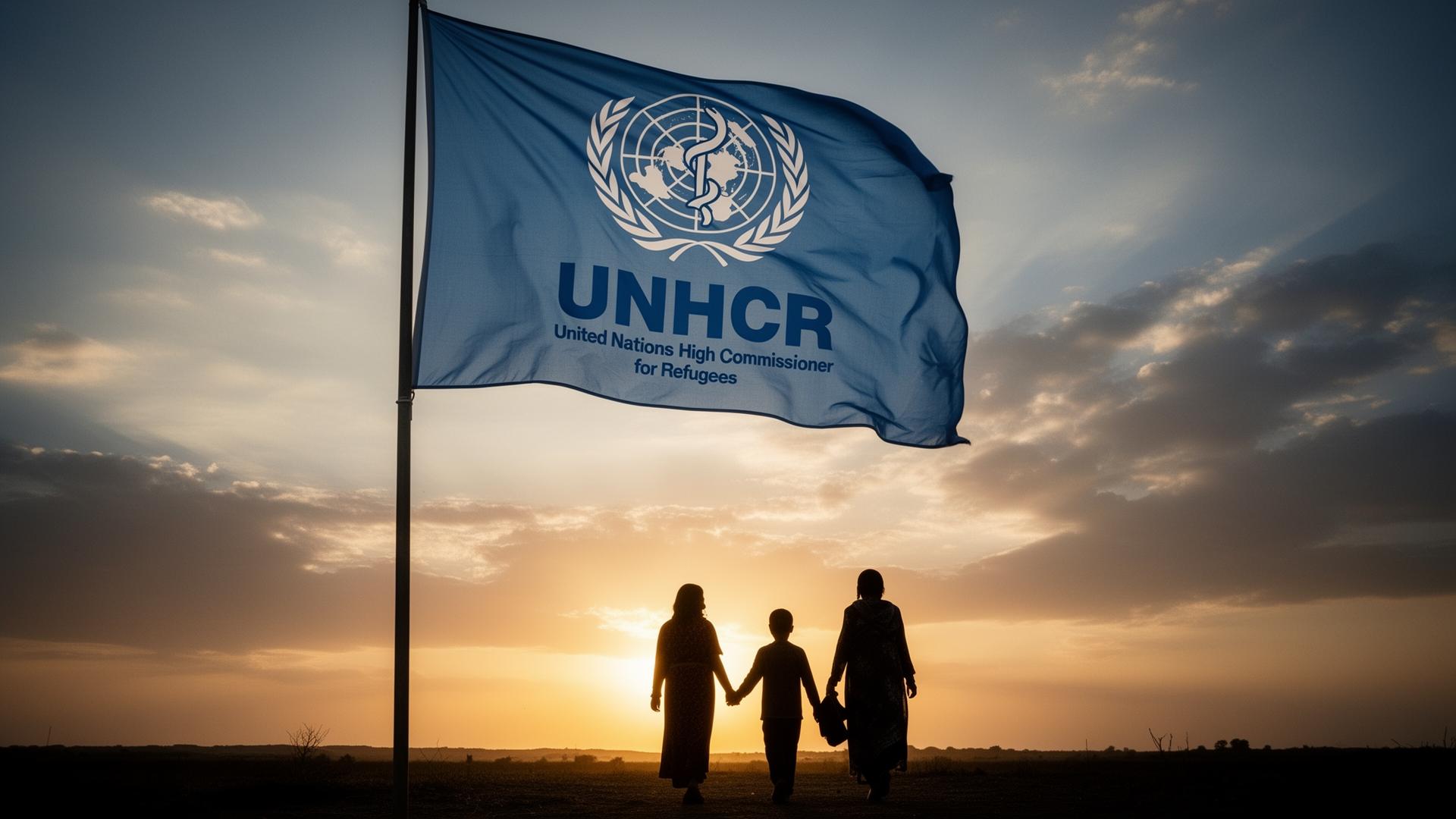 Şafakta dalgalanan UNHCR bayrağı ve ufka doğru yürüyen mülteci aile