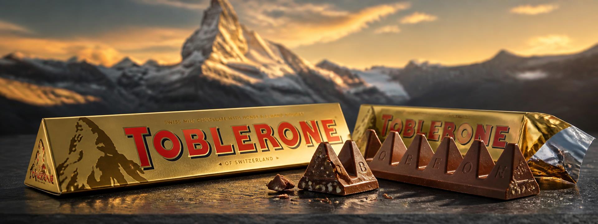 Toblerone İsviçre sütlü çikolatası, altın ambalaj ve arka planda Matterhorn zirvesi